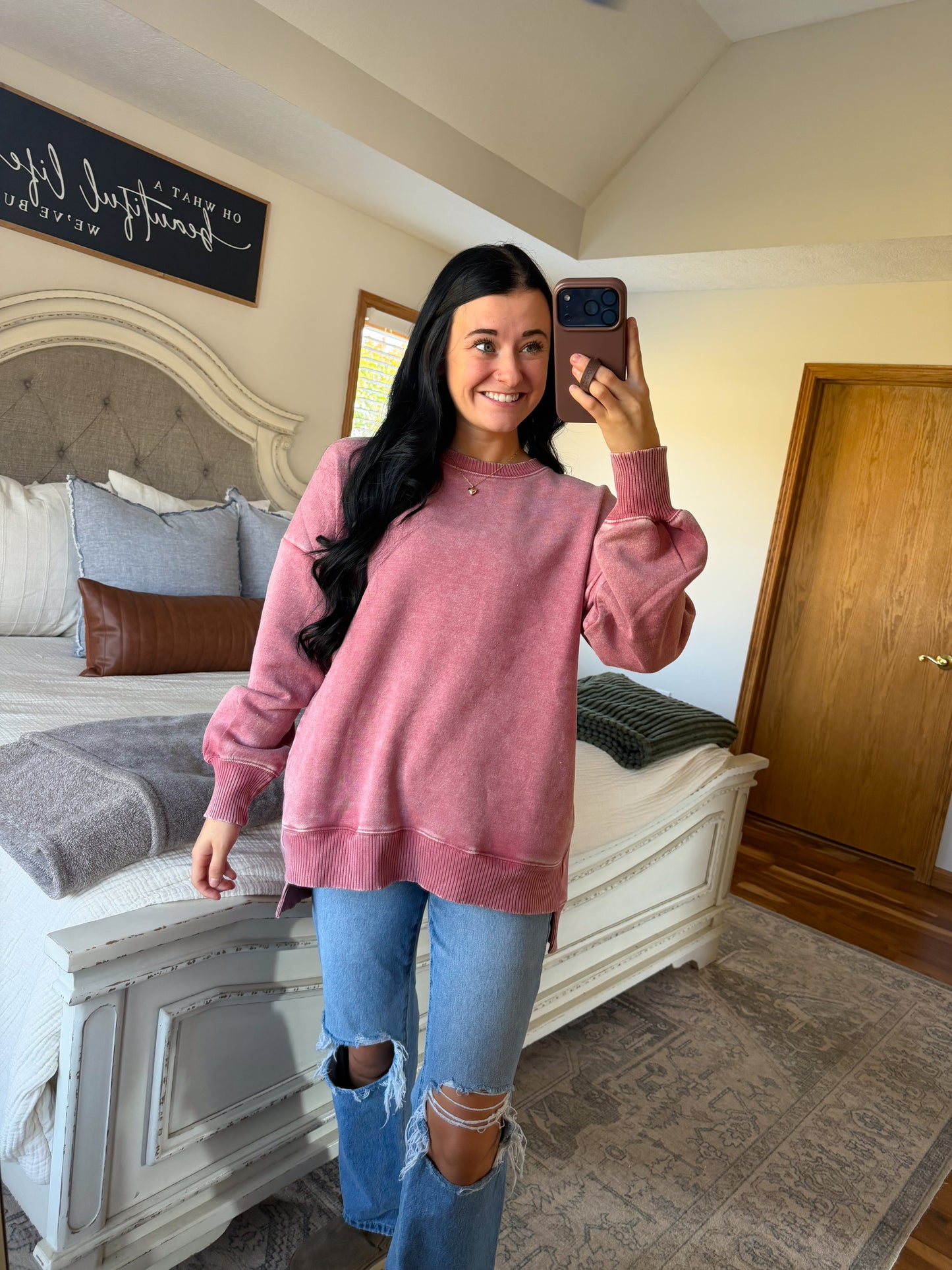 Ellie High Low Pullover- Rose