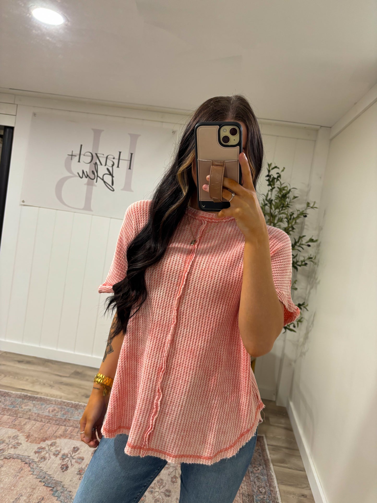 Washed Waffle Short Sleeve Top- Coral