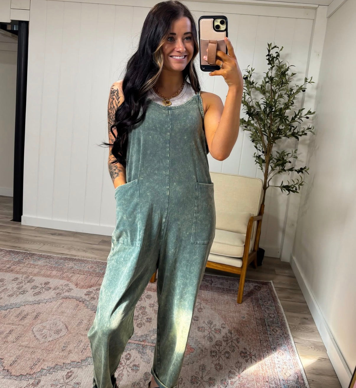Hadley Mineral Washed Jumpsuit- Ash Jade