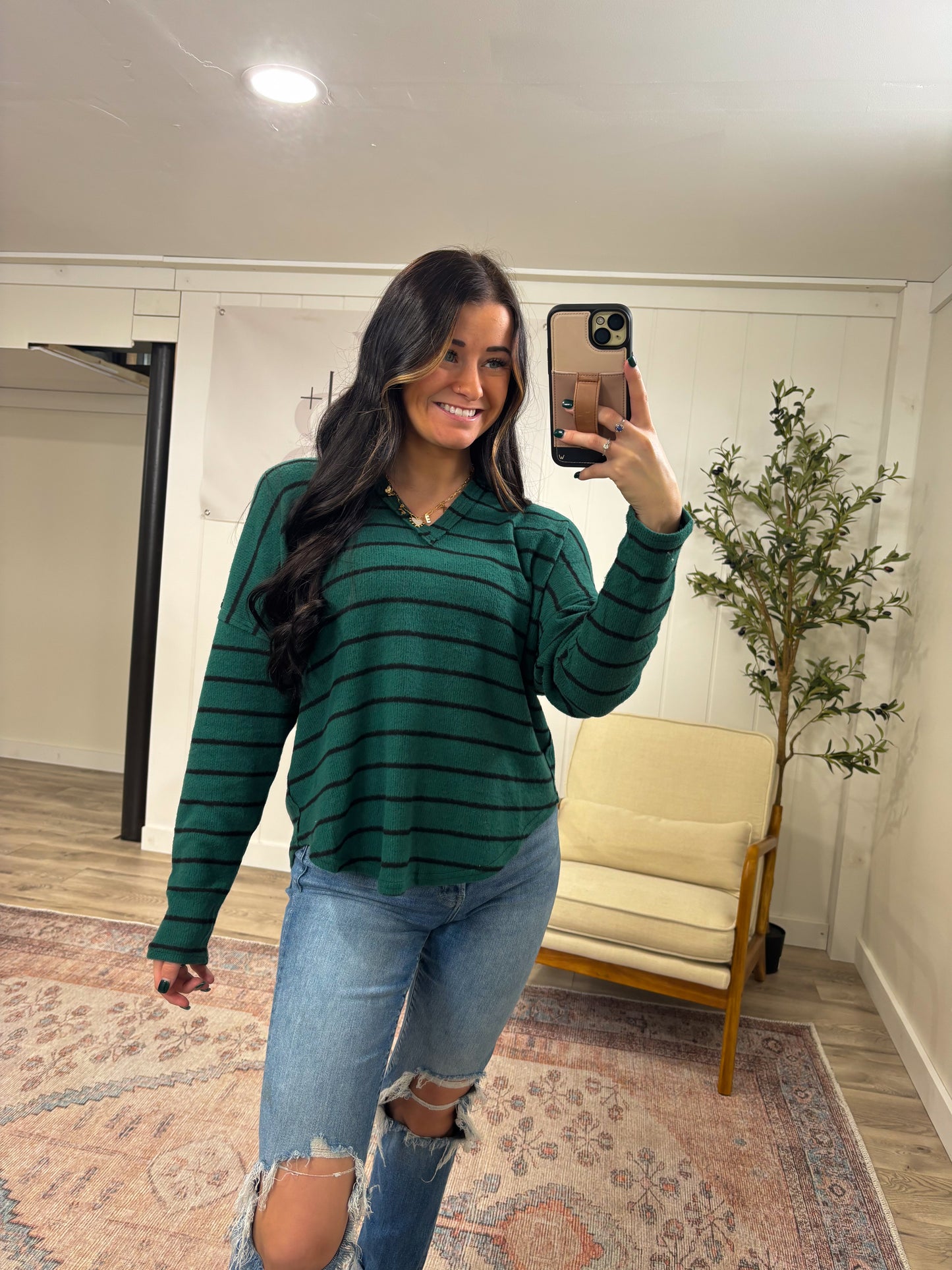 Striped Split Neck Top- Hunter Green