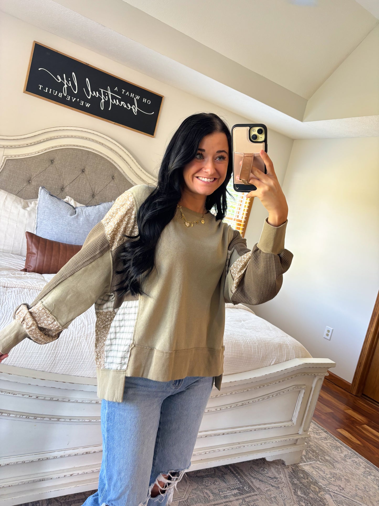 Olive Mixed Media Pullover