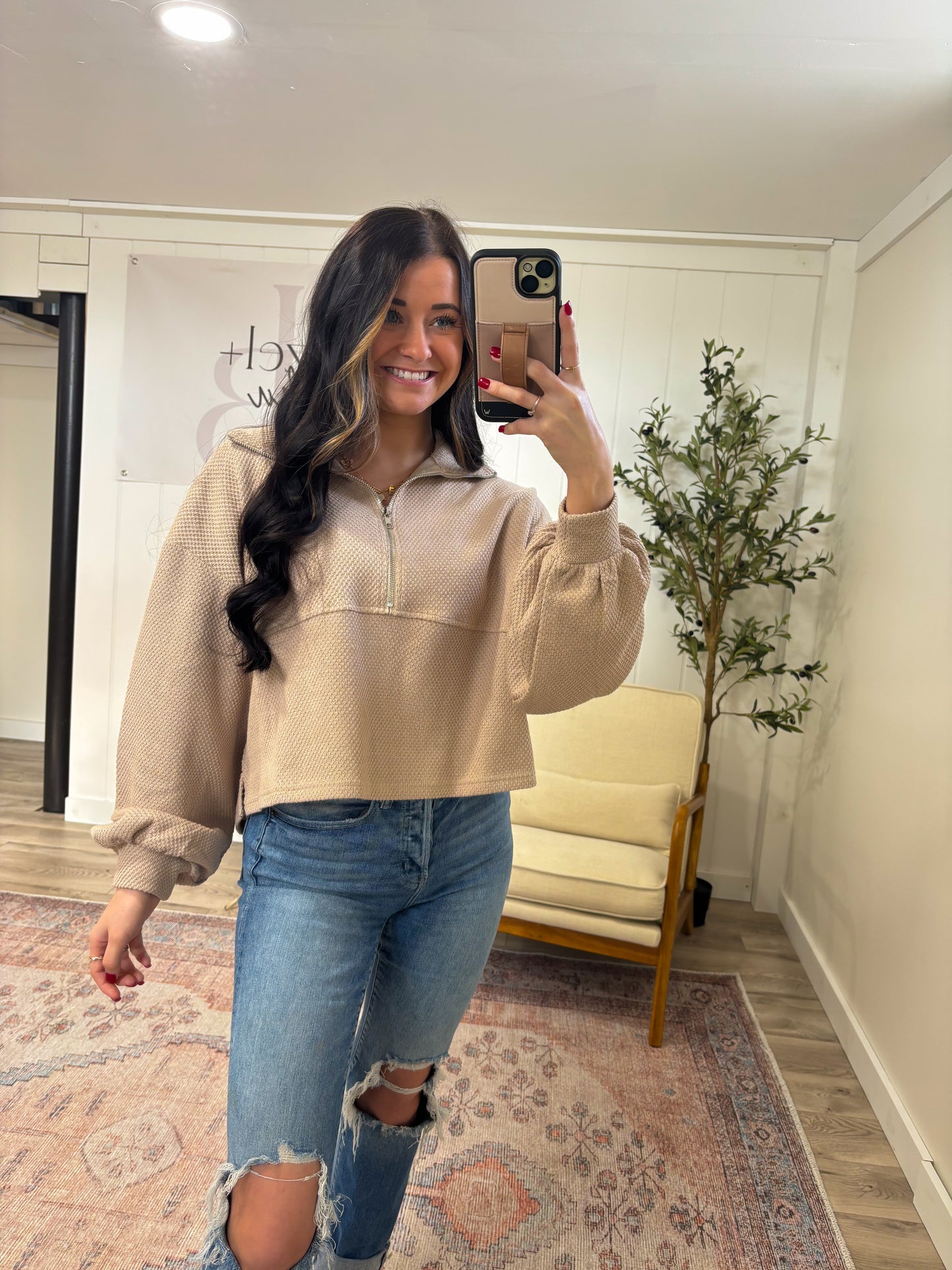 Mallory Textured Quarterzip- Tan