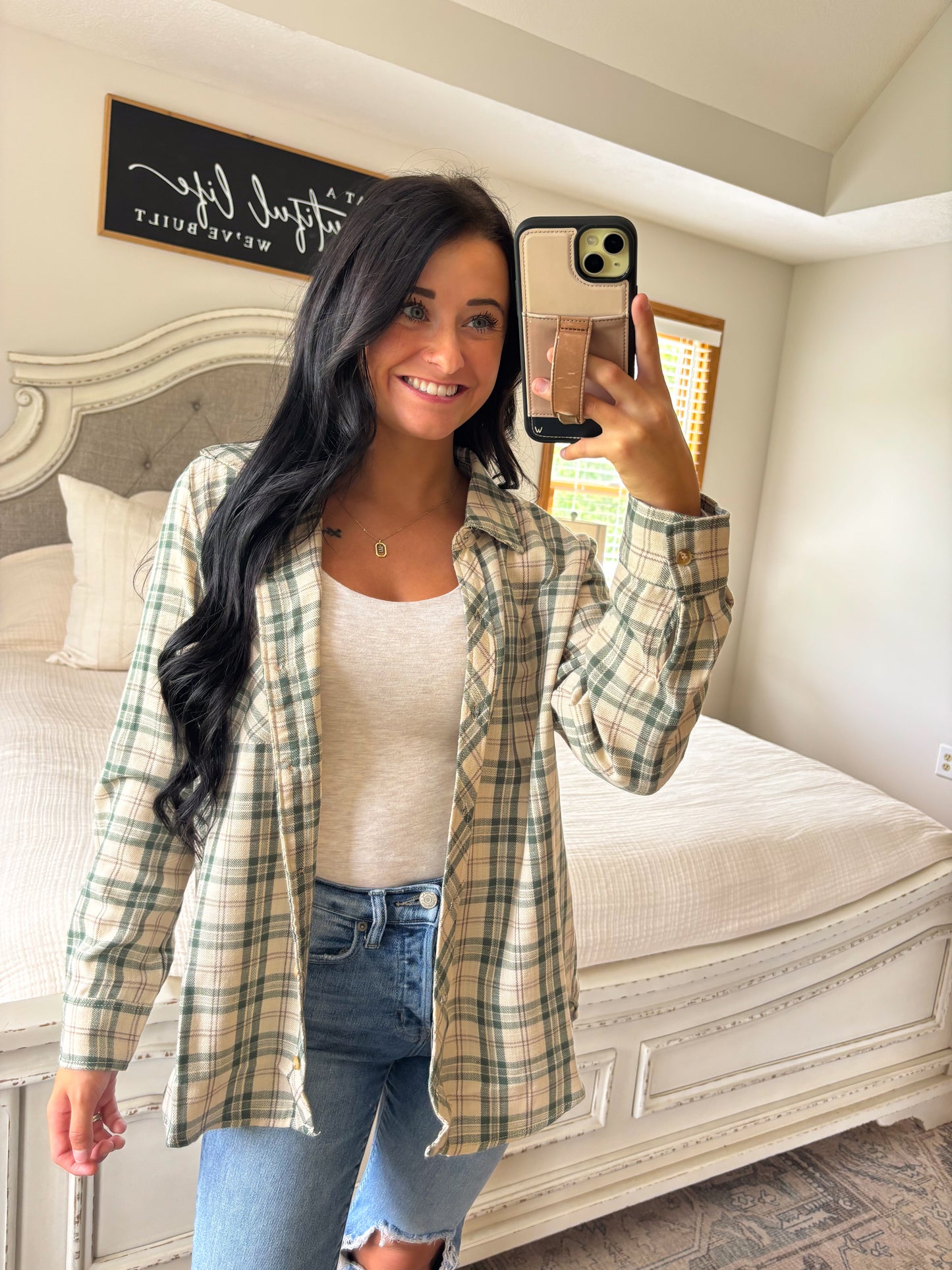 Saylor Flannel Top- Green/Cream