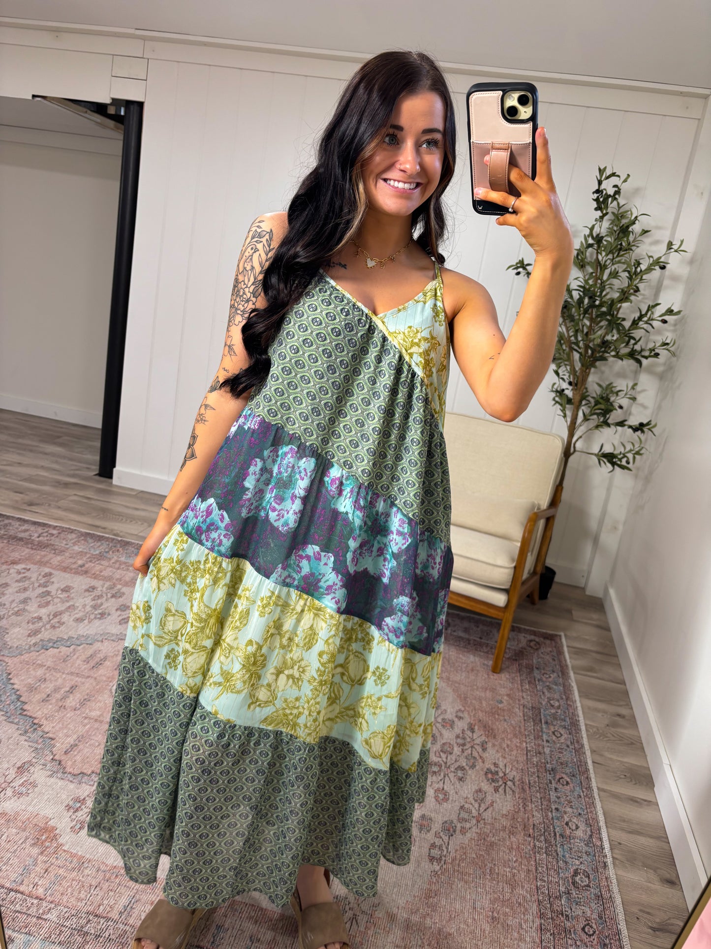 Paisley Mixed Print Dress- Green Mix