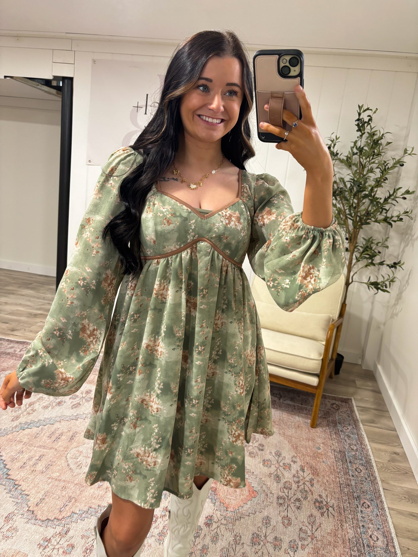 Romantic Floral Dress- Olive