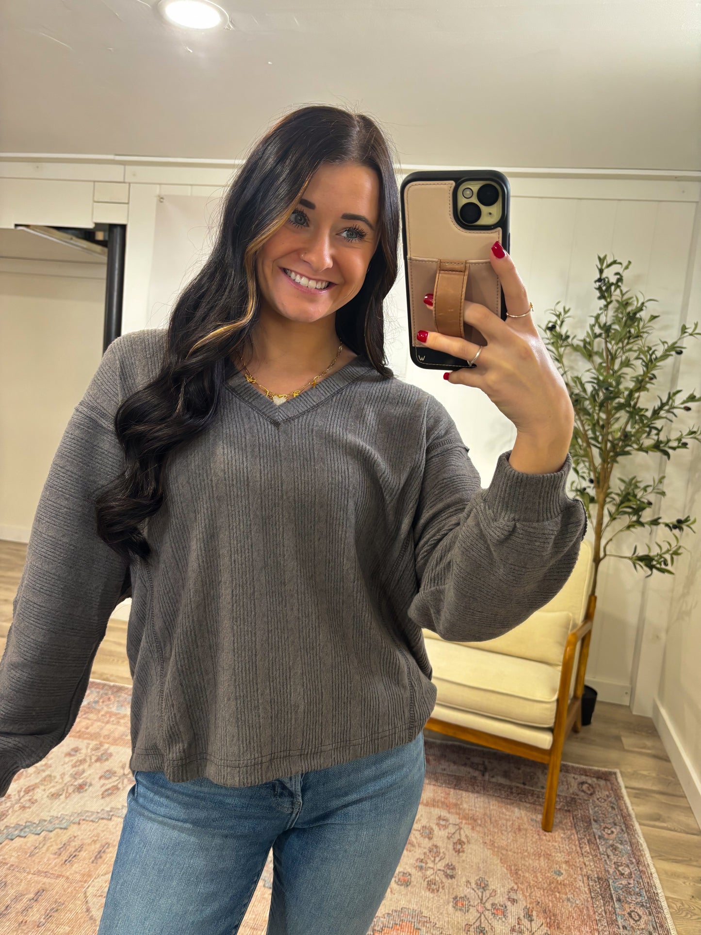V Neck Knit Top- Charcoal