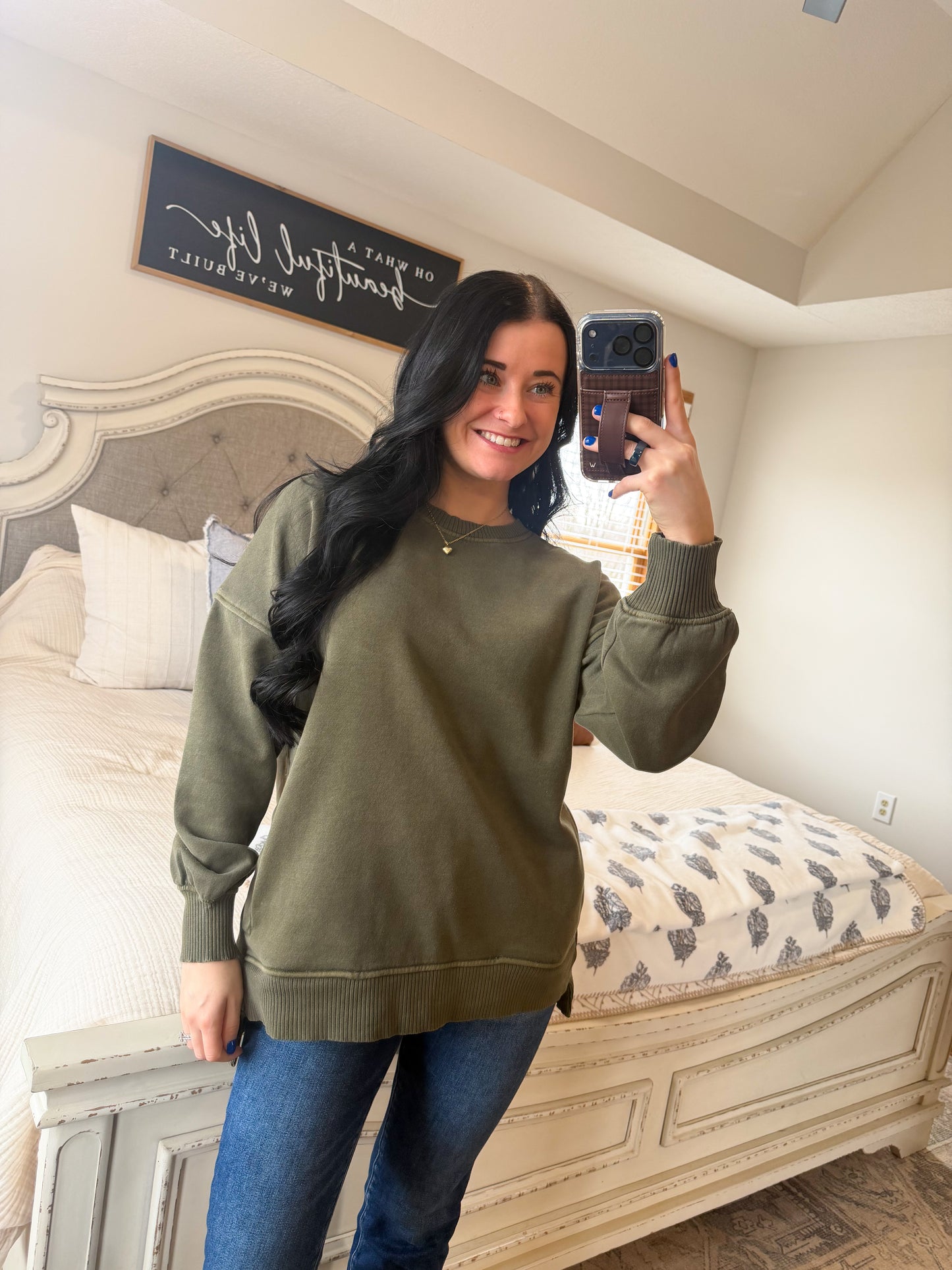 Ellie High Low Pullover- Dk Olive
