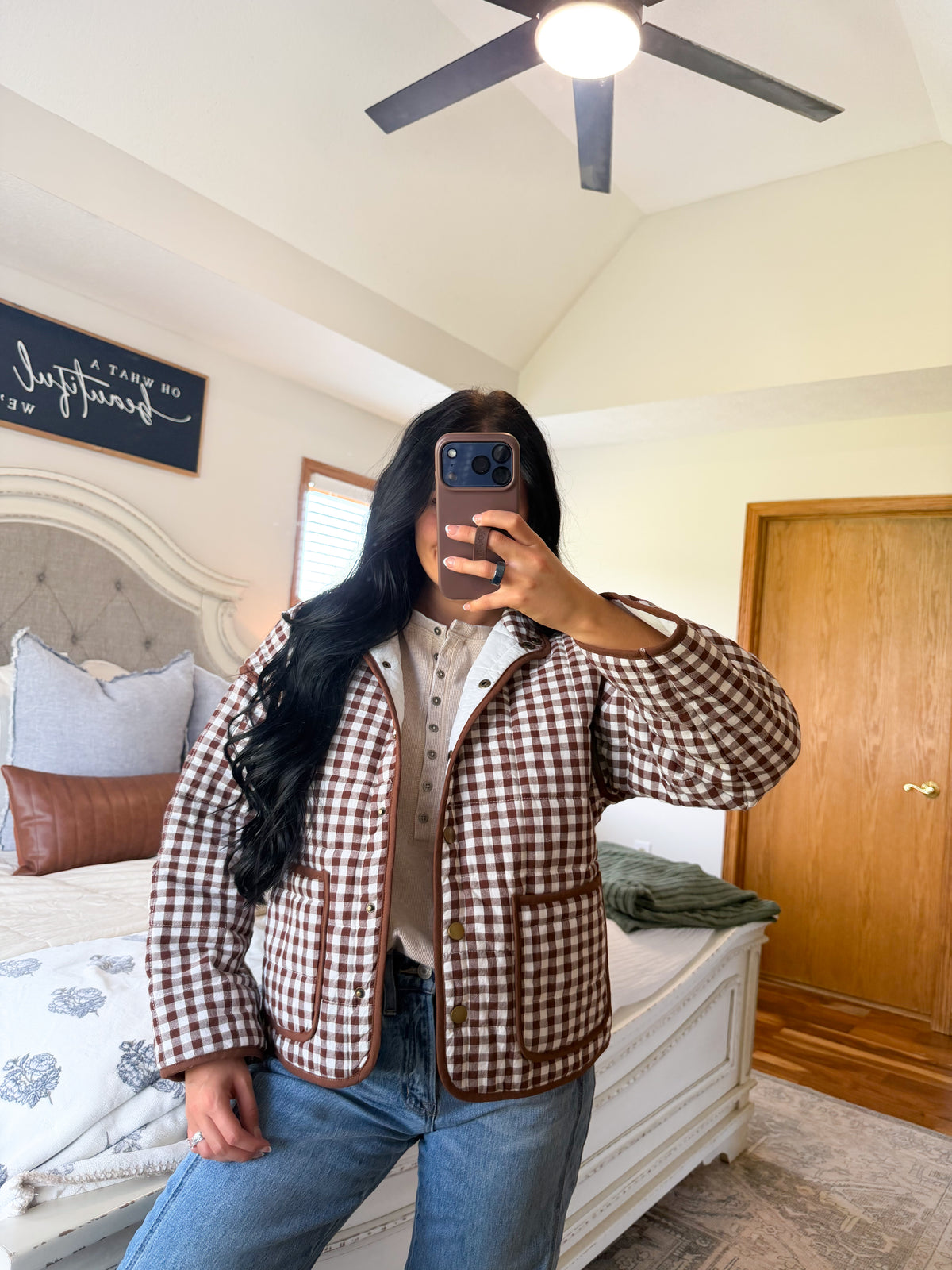Gracie Gingham Quilted Jacket- Brown