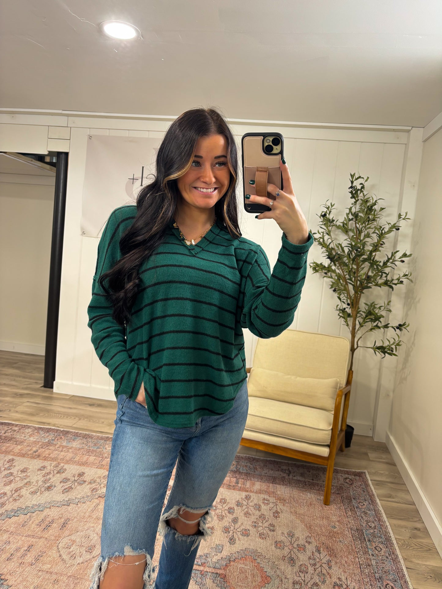 Striped Split Neck Top- Hunter Green