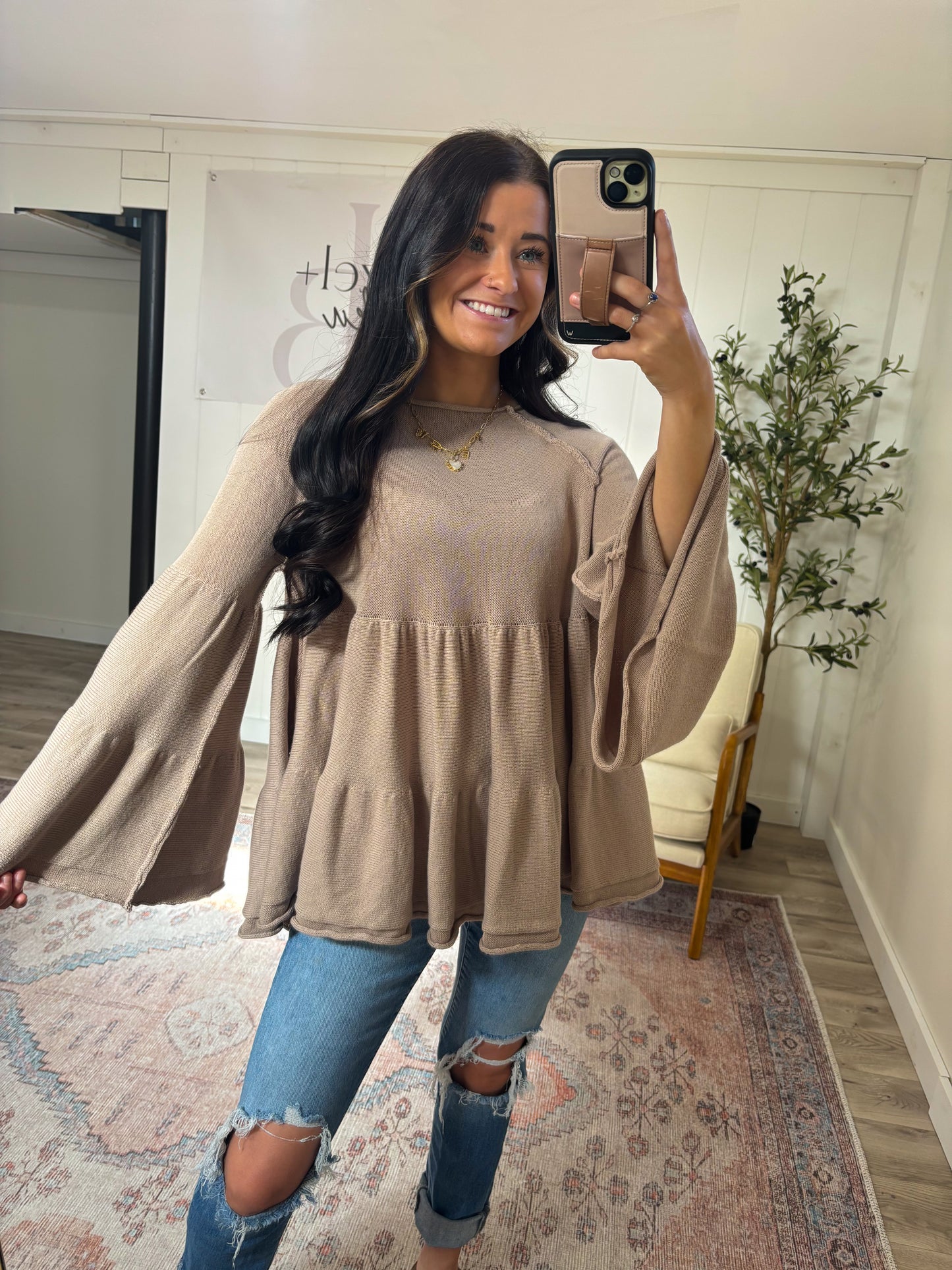 Tiered Baby Doll Bell Sleeve Top- Tan