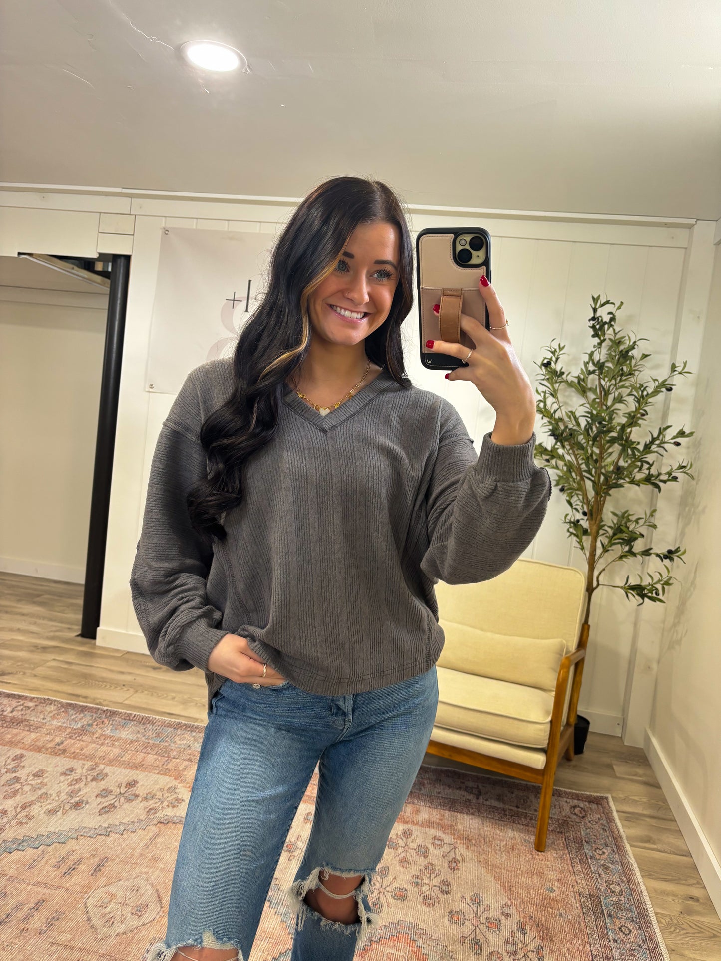 V Neck Knit Top- Charcoal