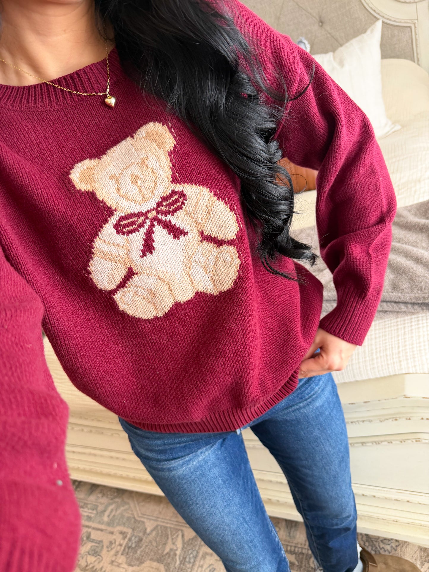 Teddy Bear Sweater- Cranberry