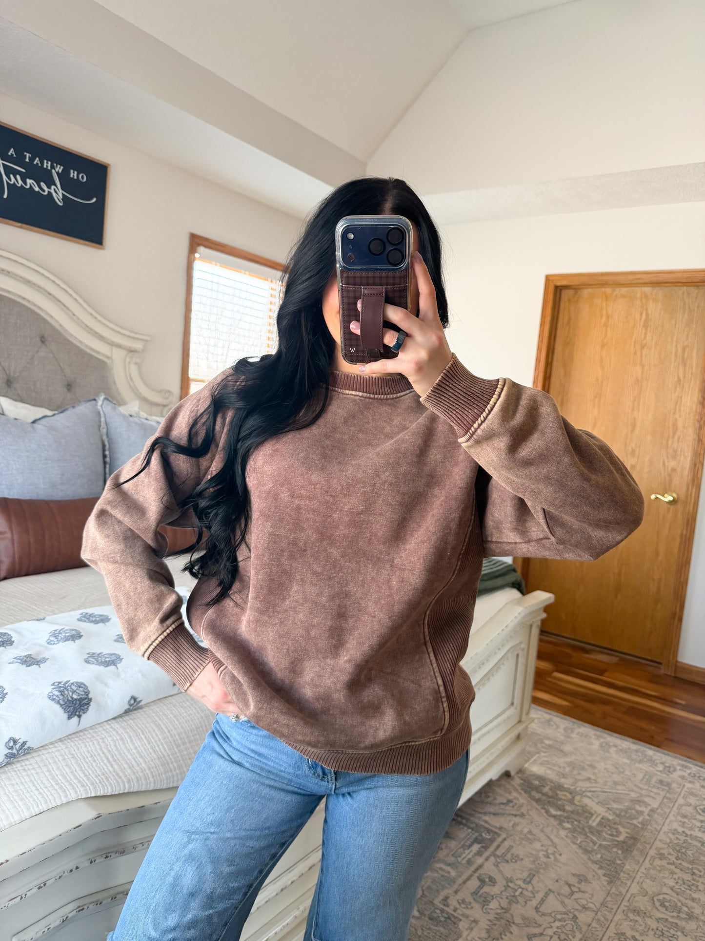 Side Ribbed Pullover- Brown