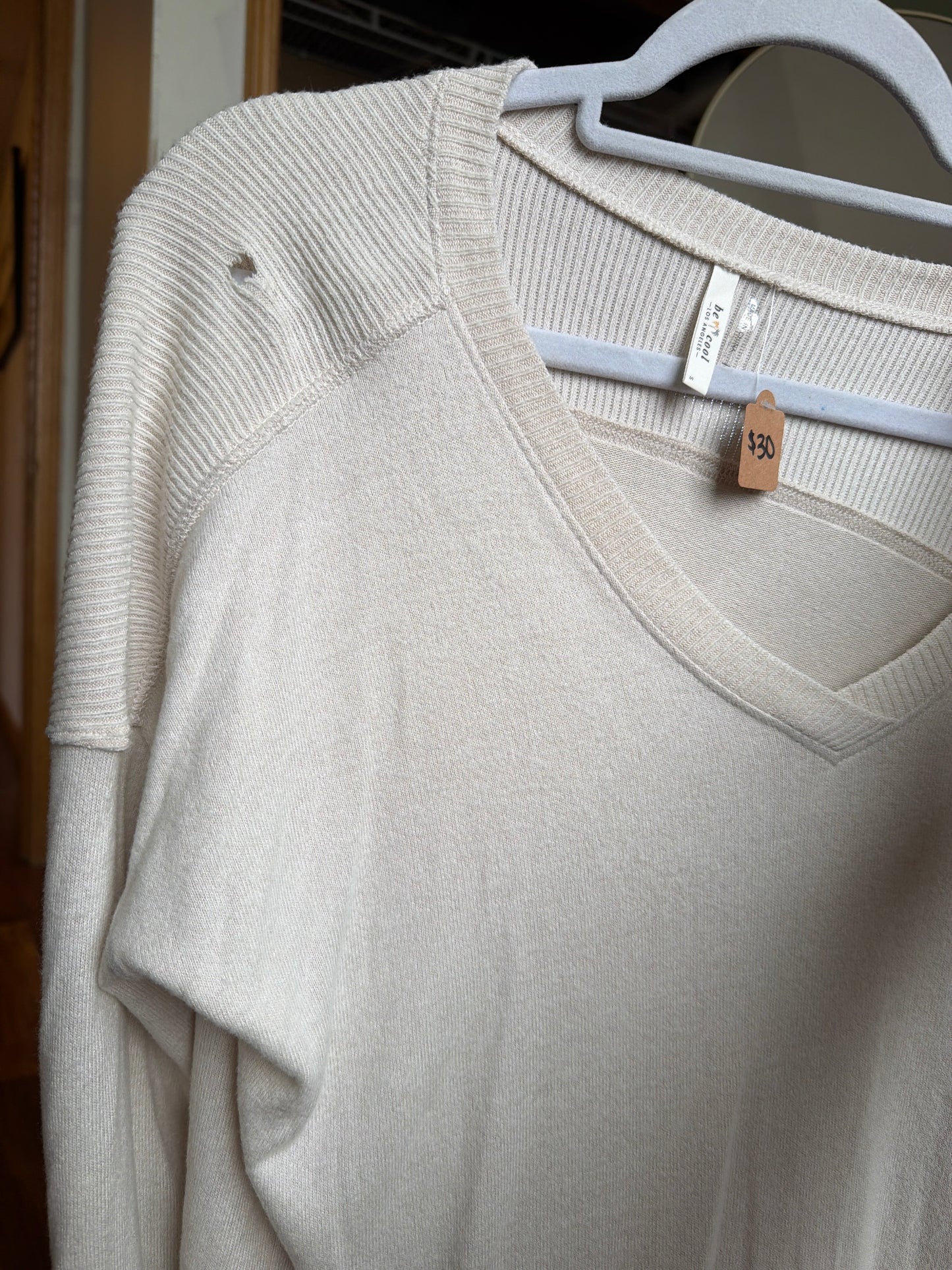 Basic Ultra Soft V Neck Top- Oatmeal *LITTLE HOLE*