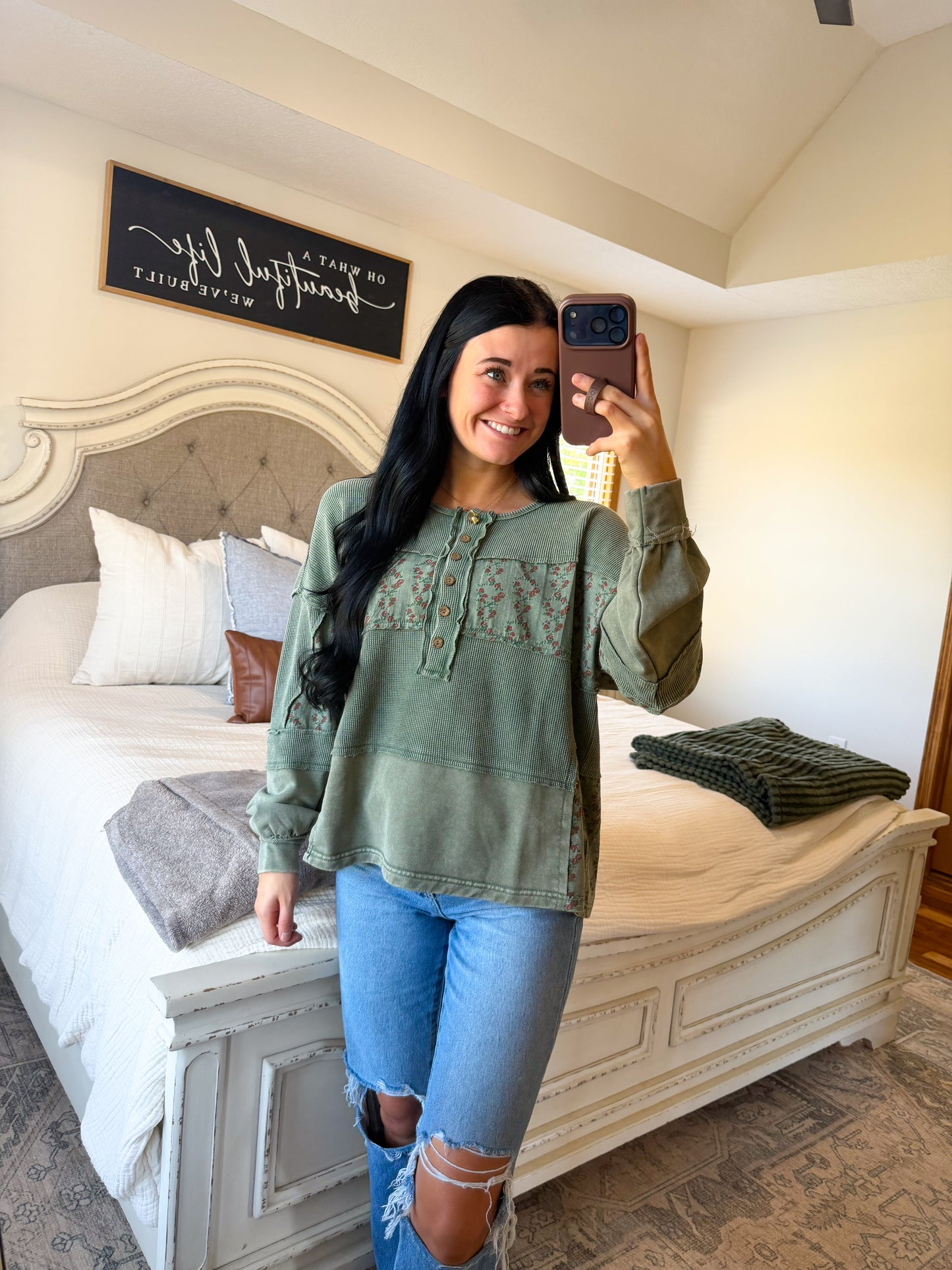 Mixed Media Sweater- Pine Green