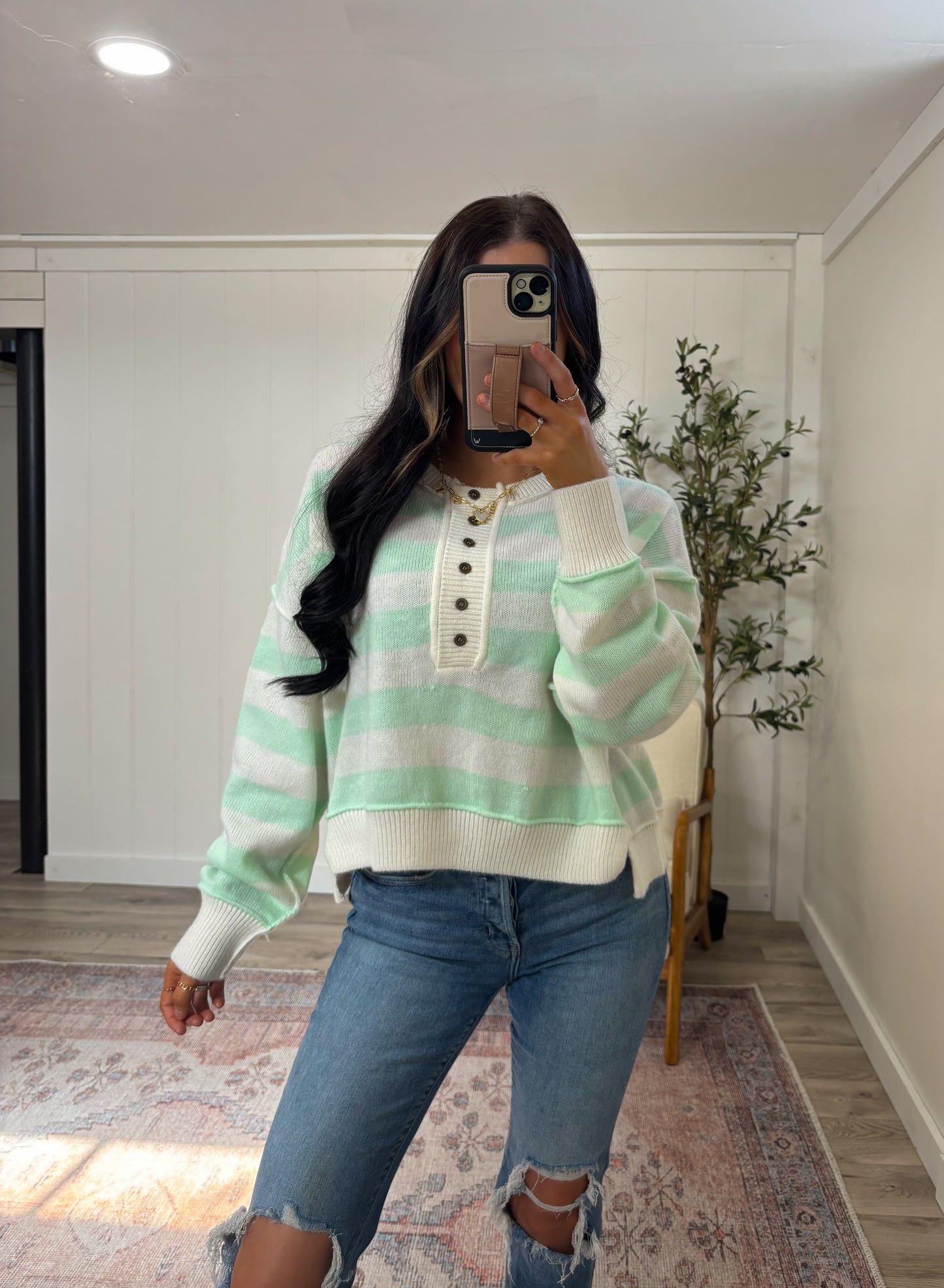 Maisy Button Sweater- Mint/White