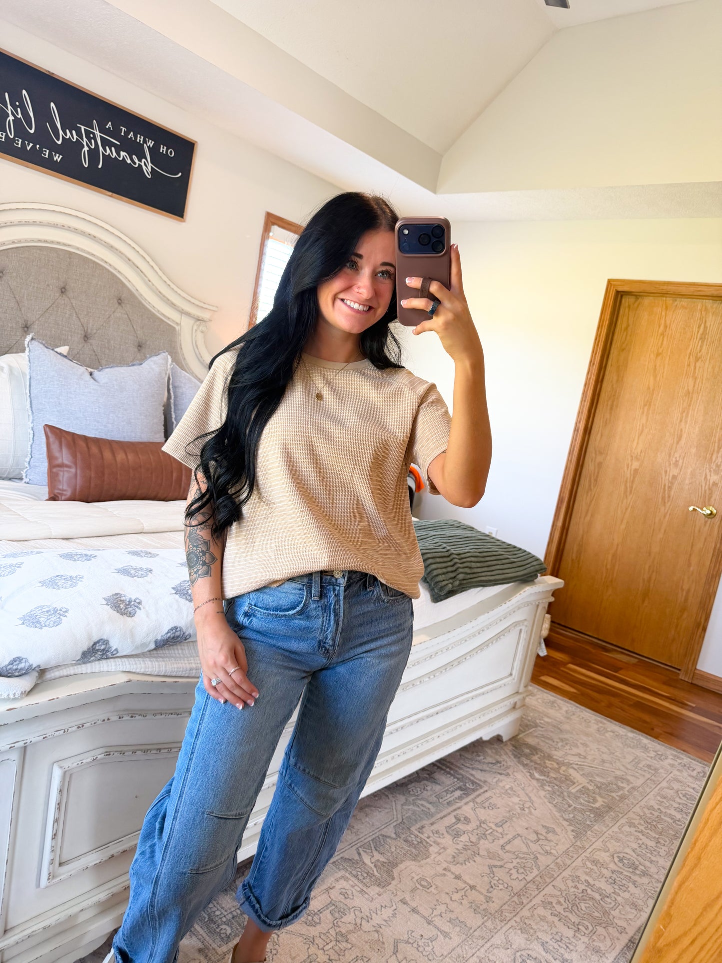 Basic Striped Tee- Taupe