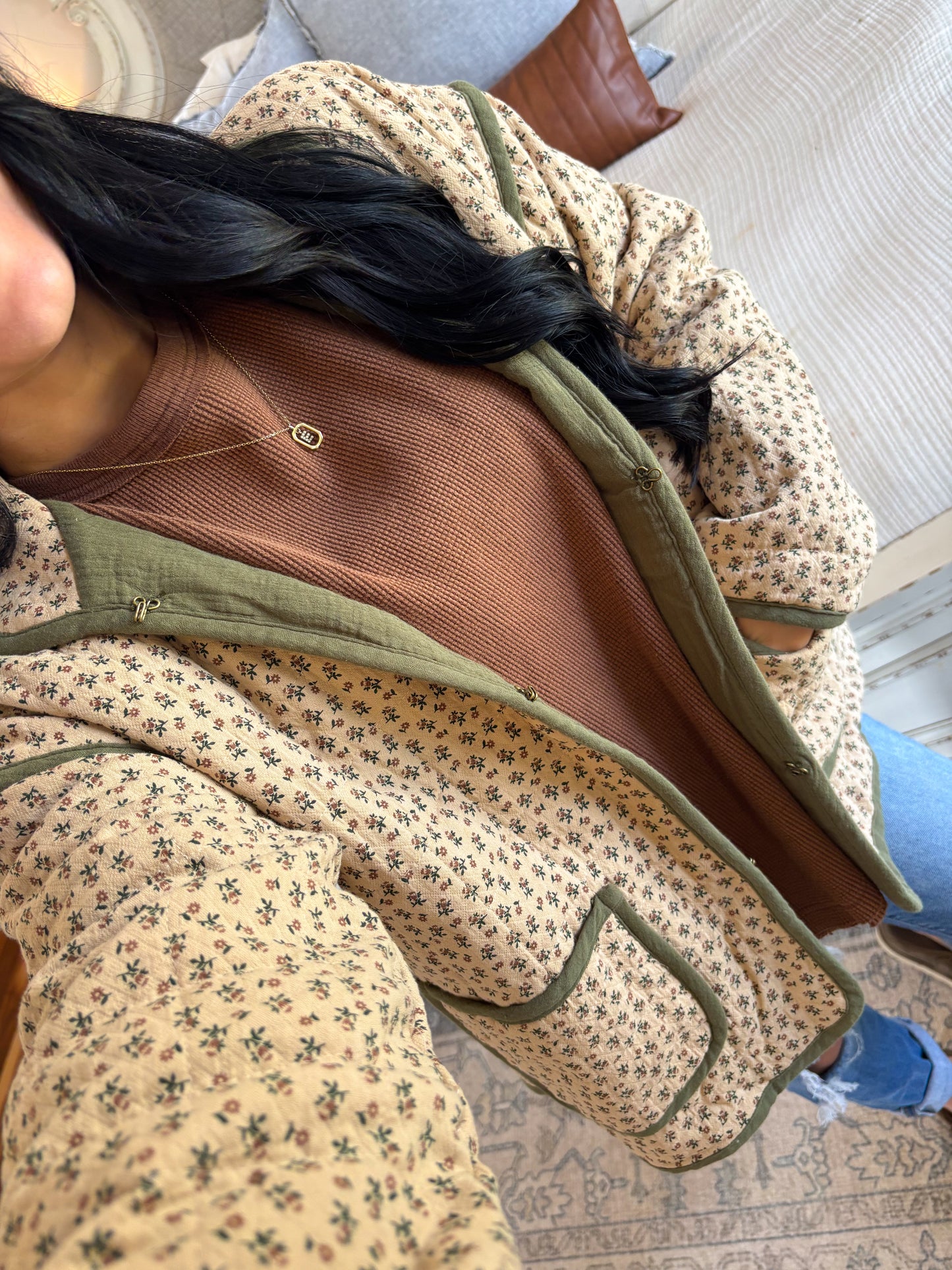 Gracelyn Floral Quilted Jacket- Taupe and Olive