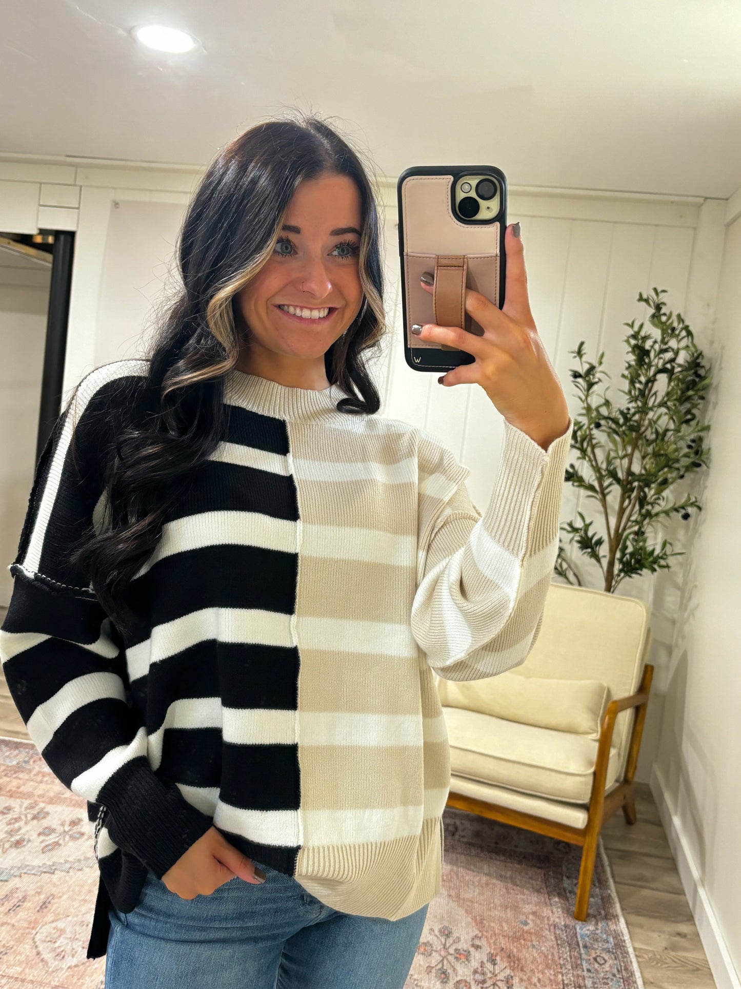 Chaisley Striped Color Block Sweater- Black/Cream