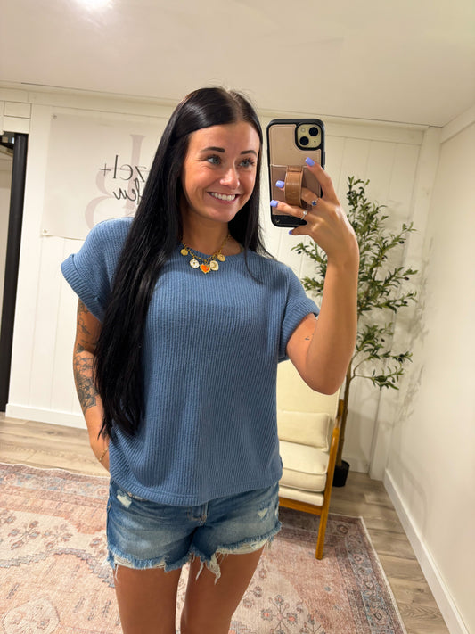Short Sleeve Sweater Top- Dusty Blue