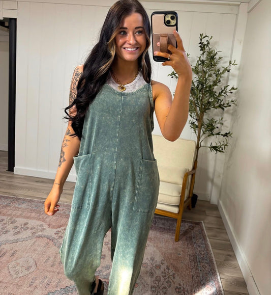 Hadley Mineral Washed Jumpsuit- Ash Jade