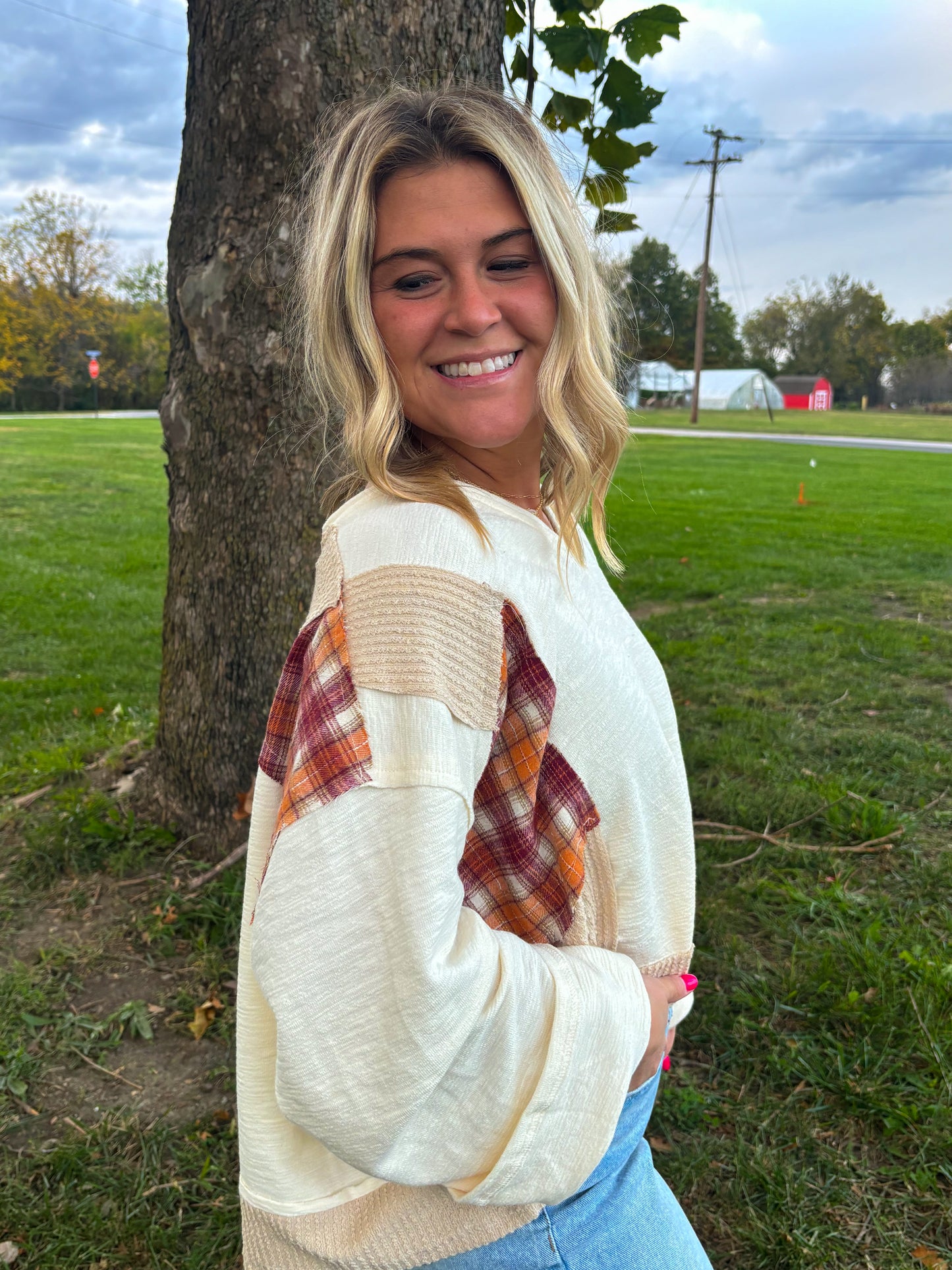 Plaid Mixed Media Hayride Sweater- Marshmellow