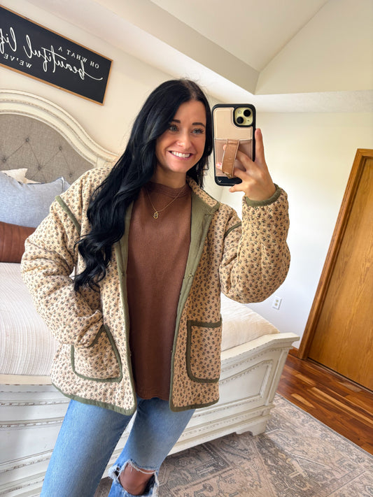 Gracelyn Floral Quilted Jacket- Taupe and Olive