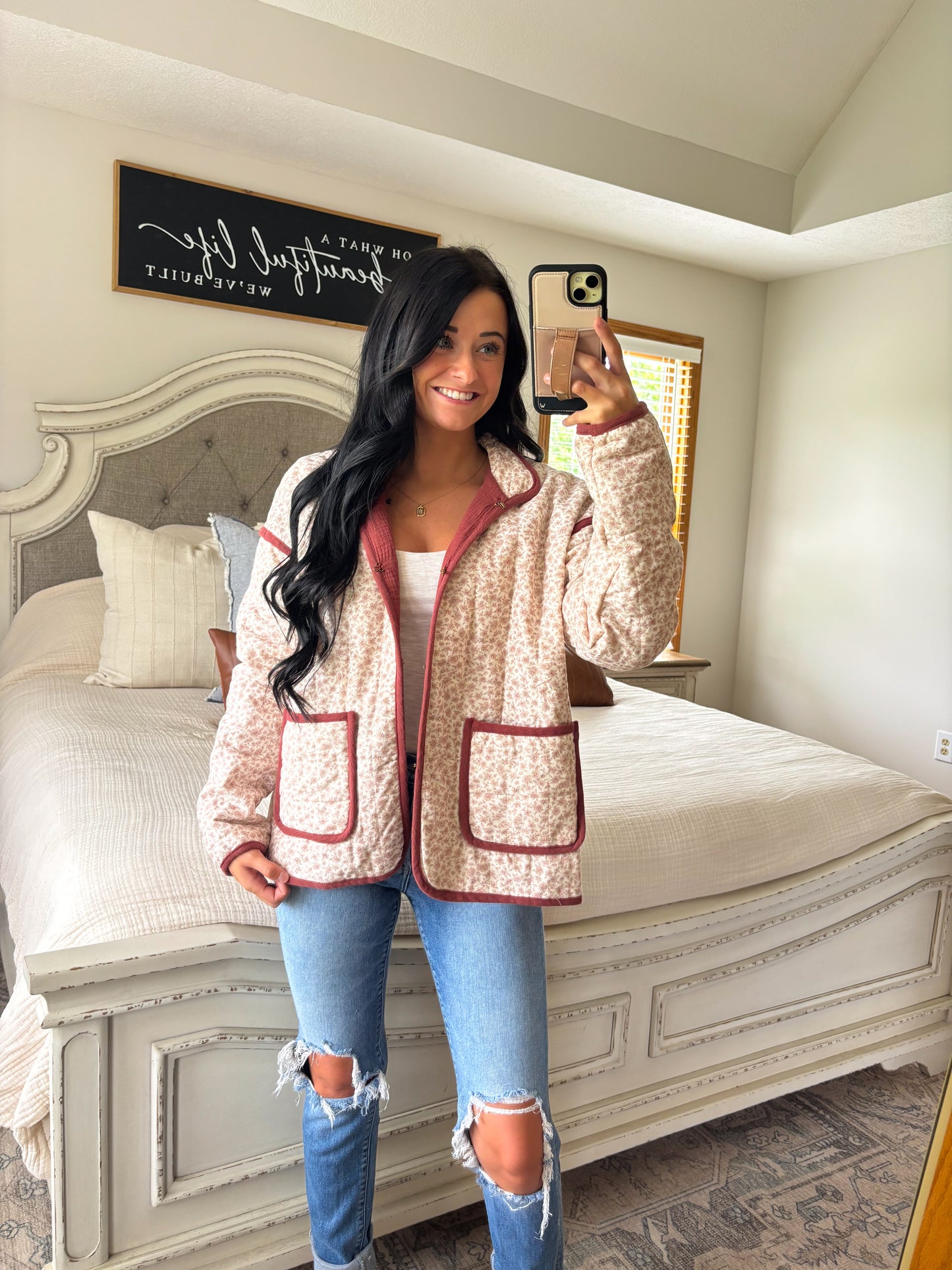 Gracelyn Floral Quilted Jacket- Dusty Maroon