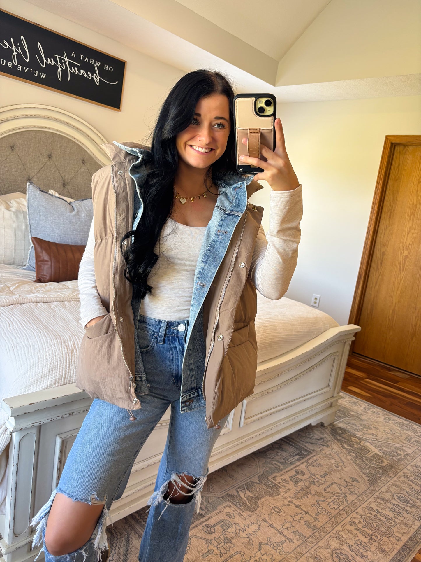 Denim Layered Puffer Vest- Mushroom
