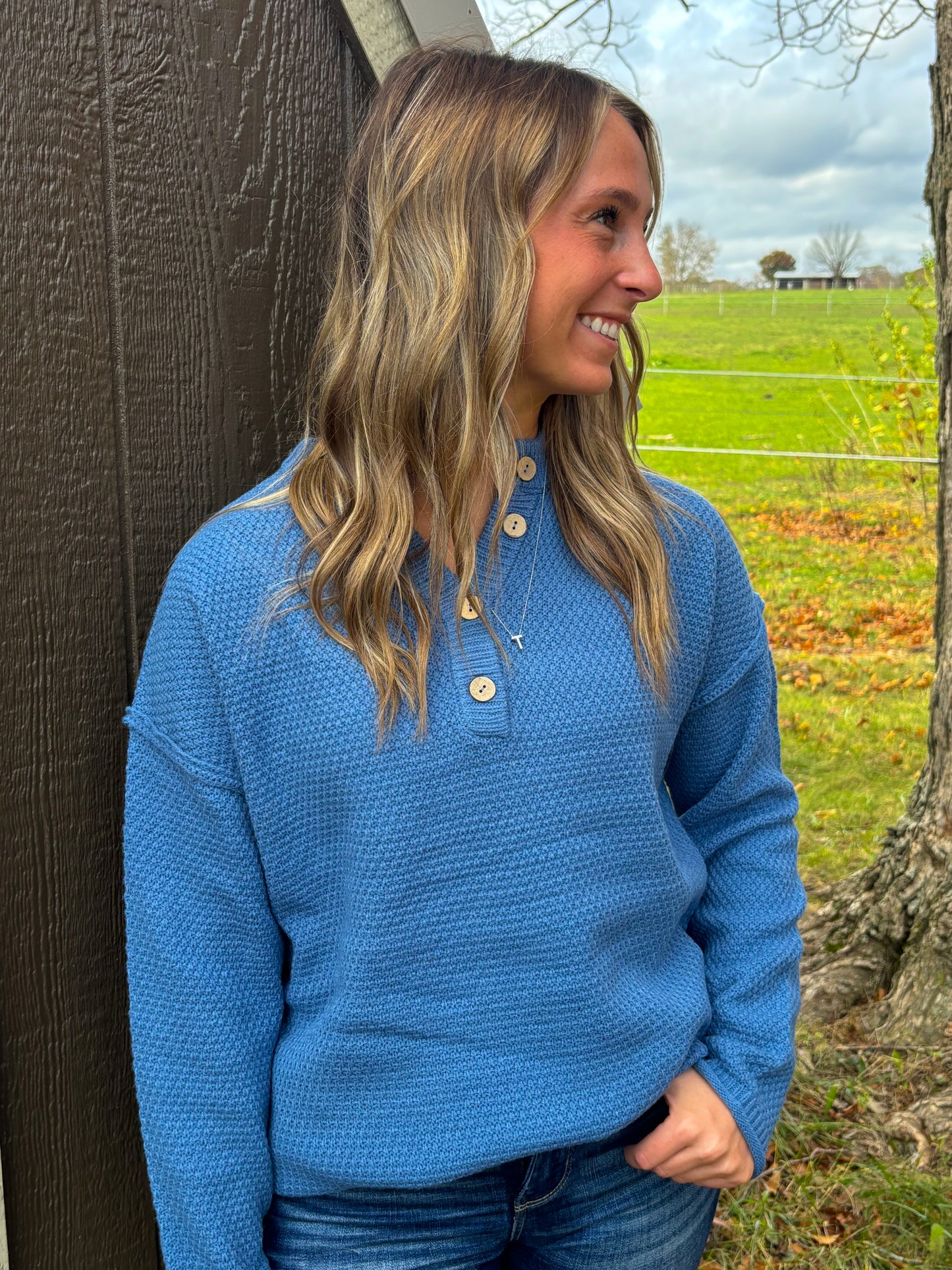 Henley Sweater- 2 colors! (Dusty Blue + Tan)