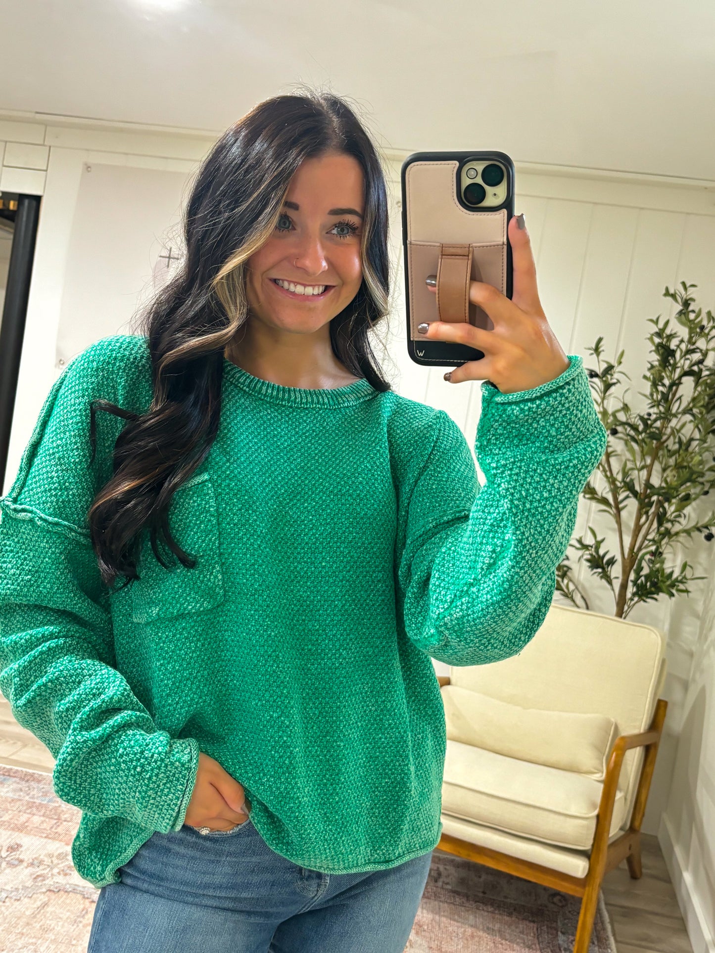 Mineral Washed Knit Sweater Top- Apple Green