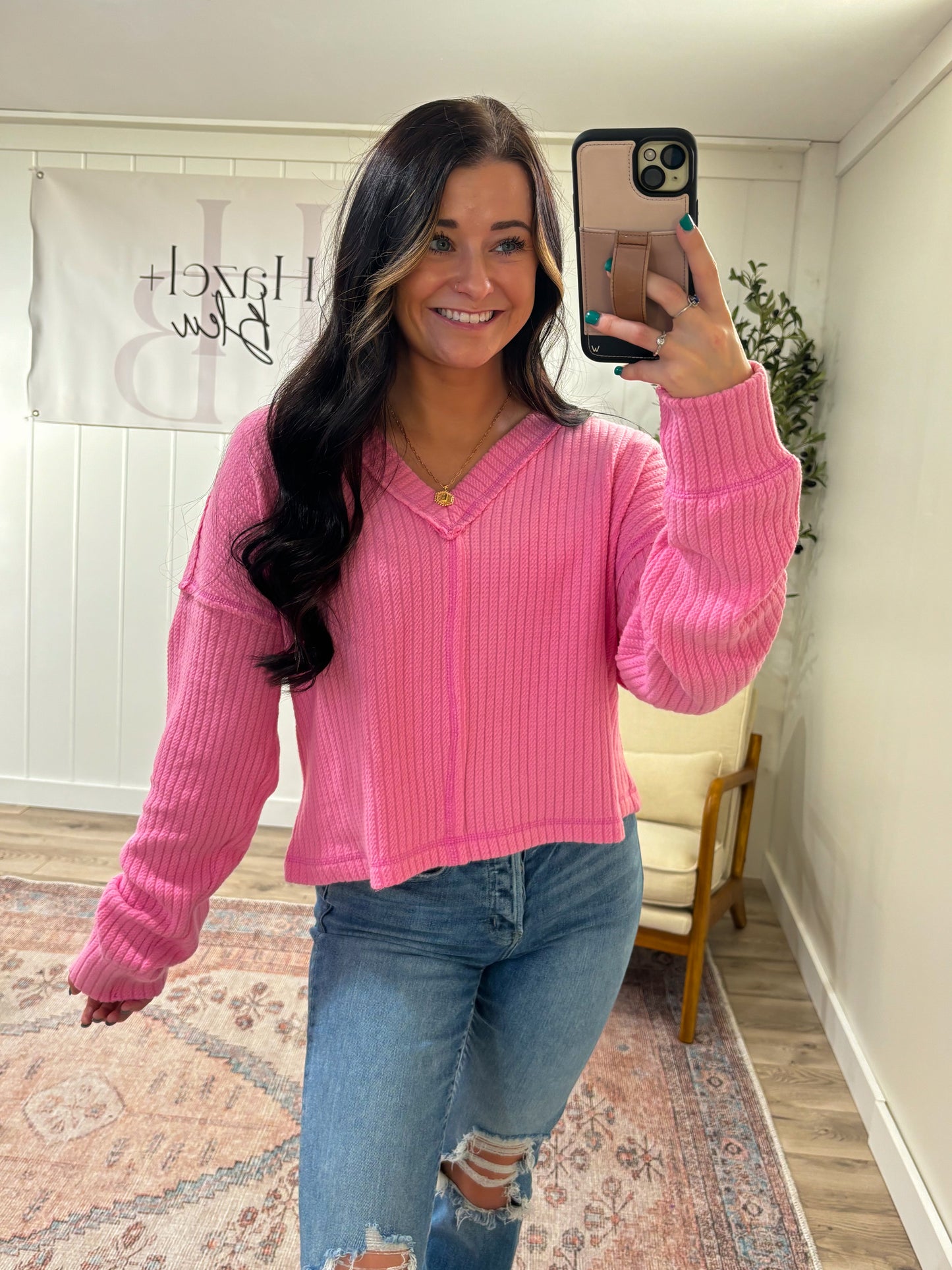 V Neck Knit Top- Bubble Gum Pink