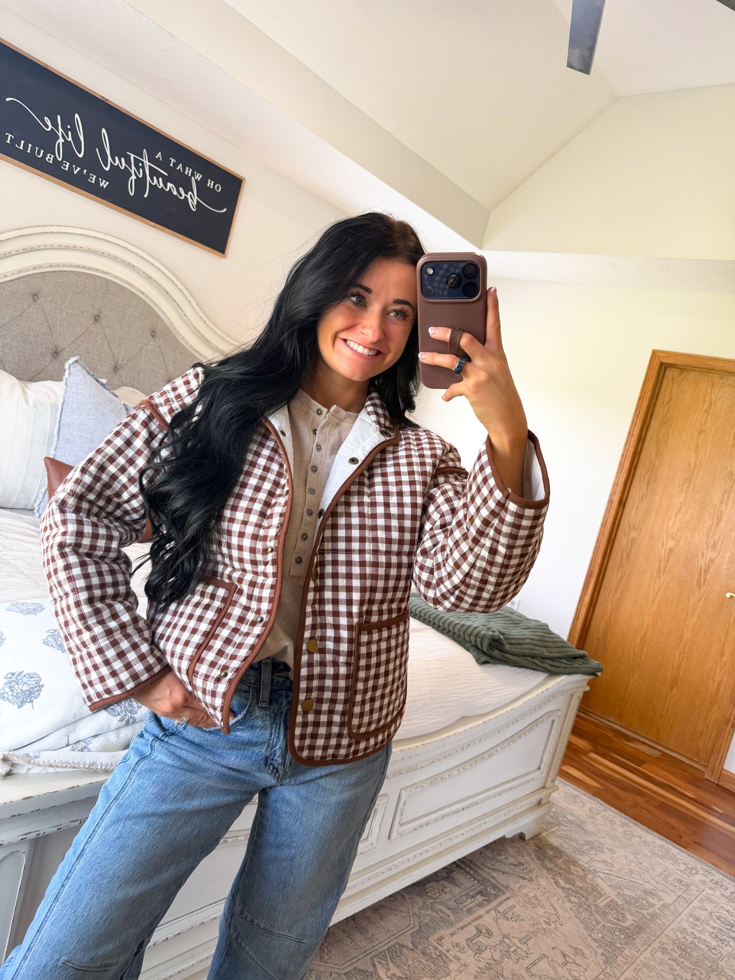 Gracie Gingham Quilted Jacket- Brown