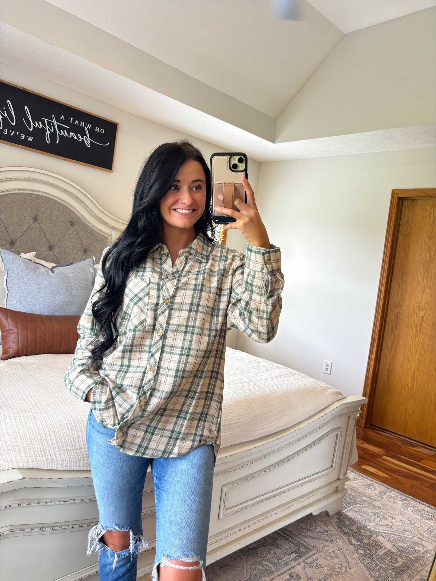 Saylor Flannel Top- Green/Cream