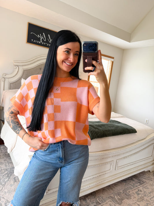 Checkered Knit Sweater Top