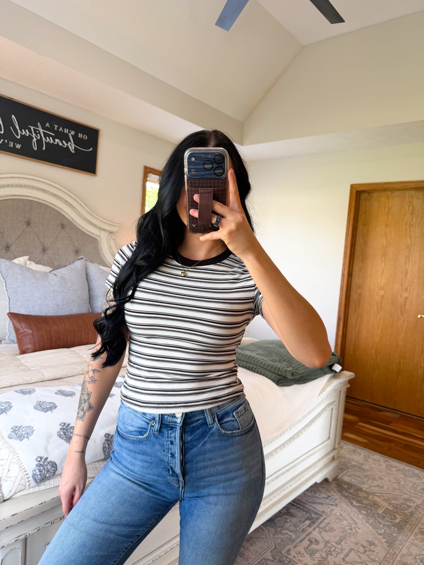 Striped Baby Tee- Taupe/Grey