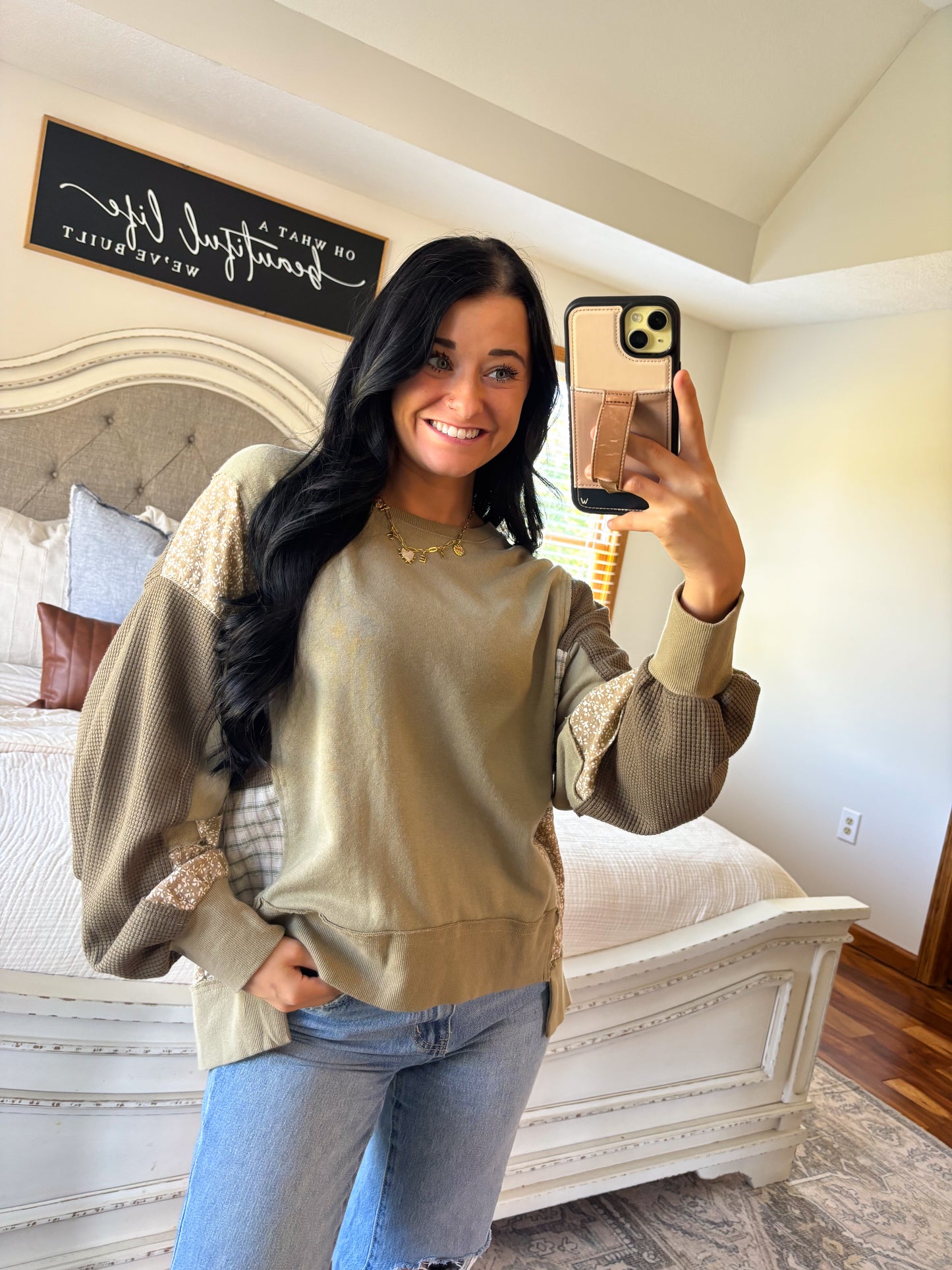 Olive Mixed Media Pullover