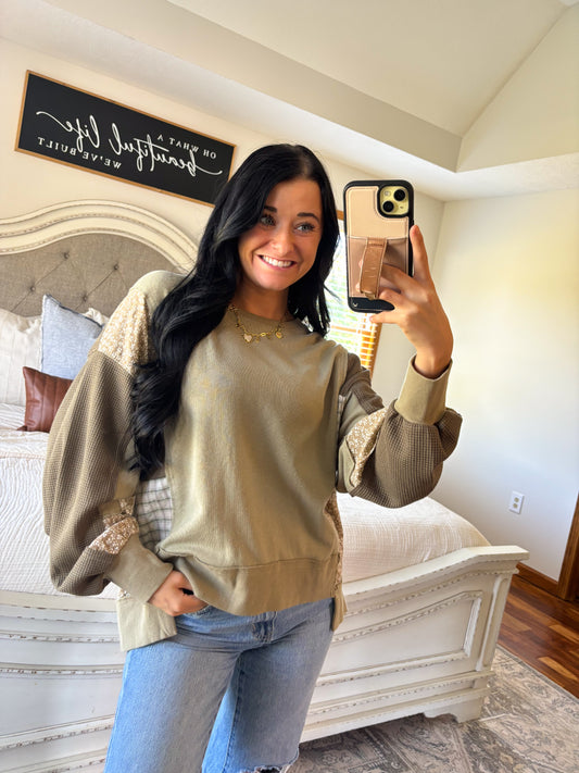 Olive Mixed Media Pullover
