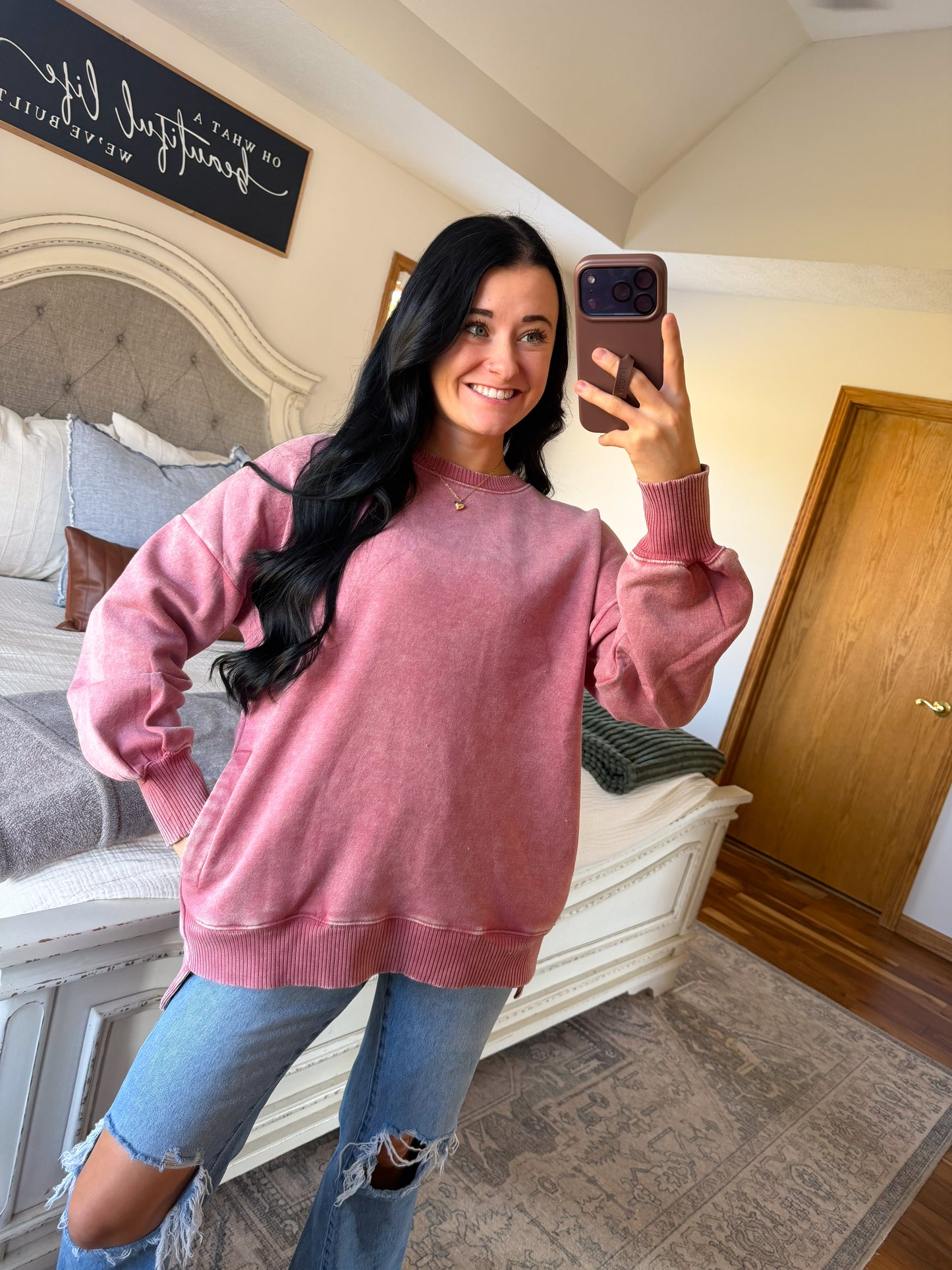 Ellie High Low Pullover- Rose