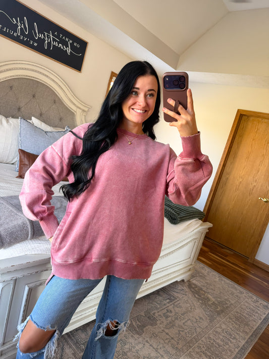 Ellie High Low Pullover- Rose