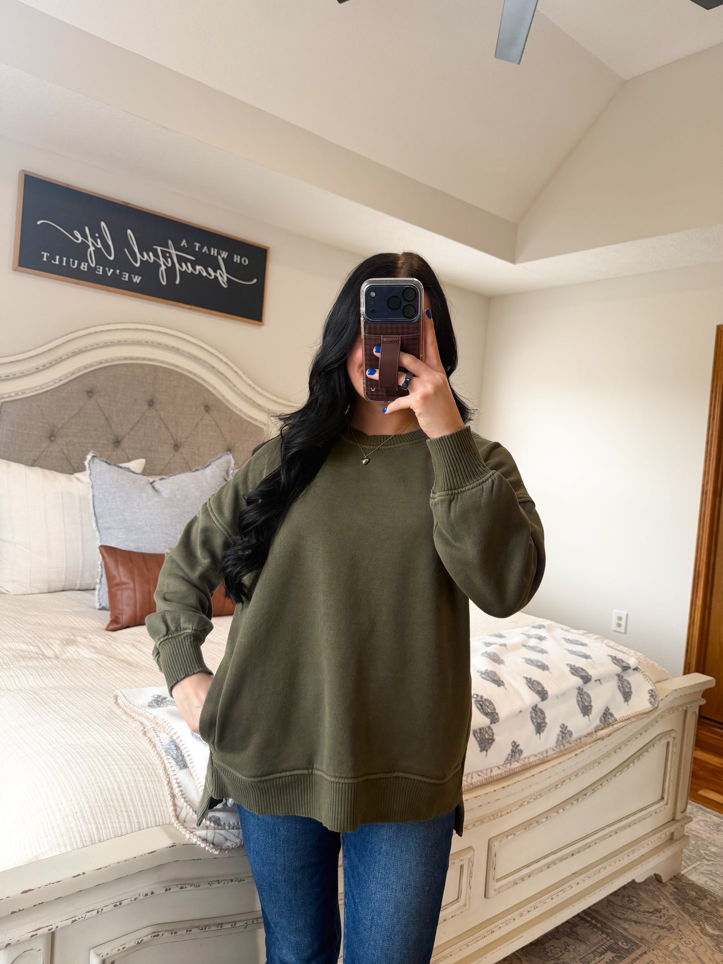 Ellie High Low Pullover- Dk Olive