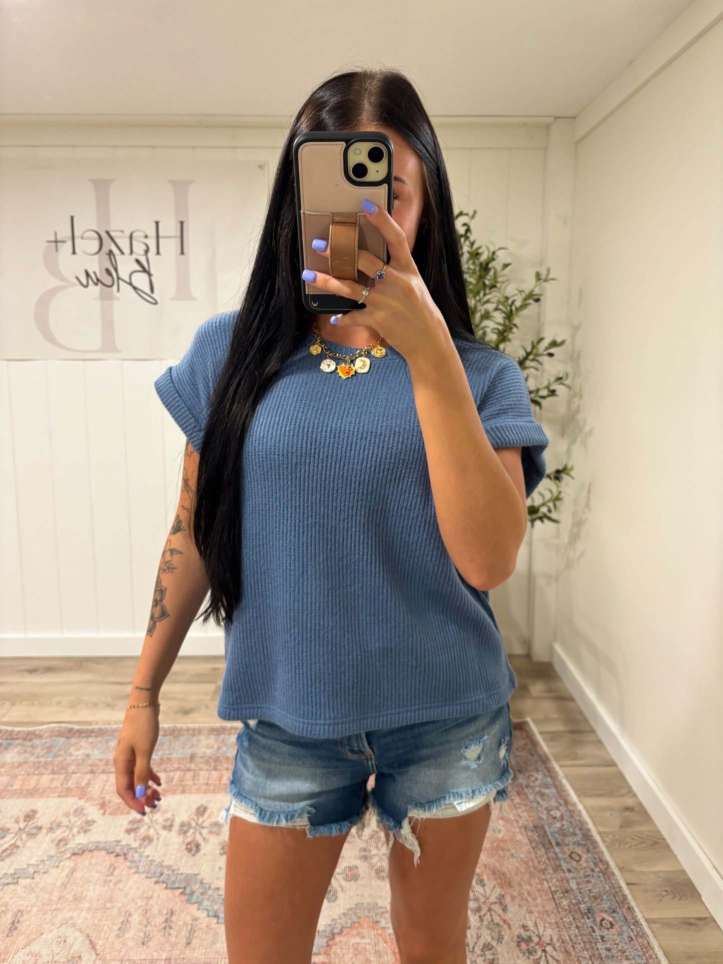 Short Sleeve Sweater Top- Dusty Blue