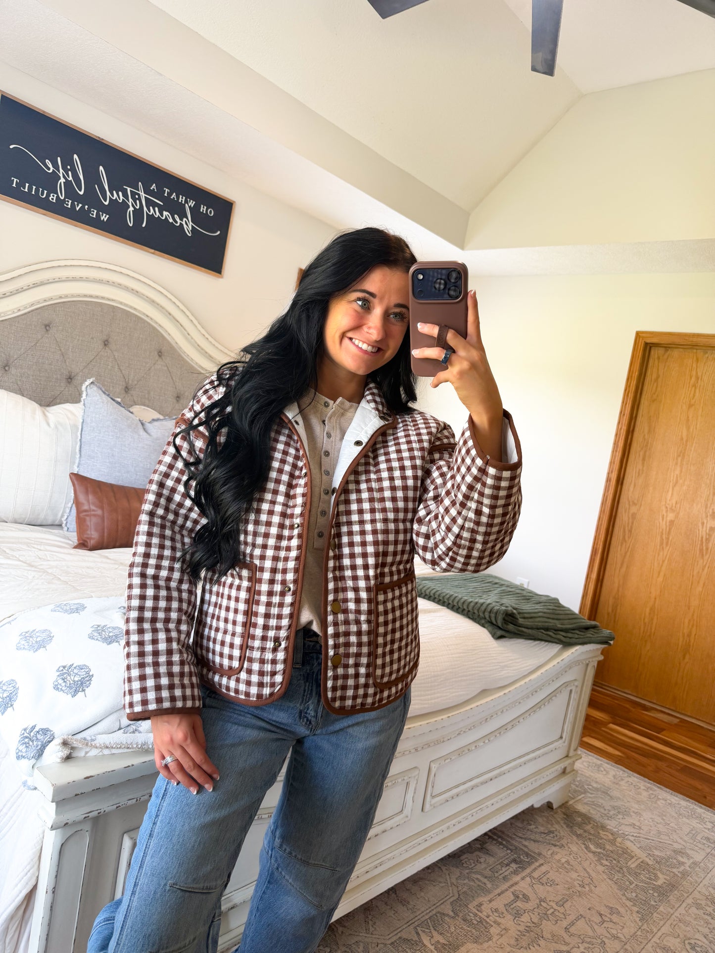 Gracie Gingham Quilted Jacket- Brown