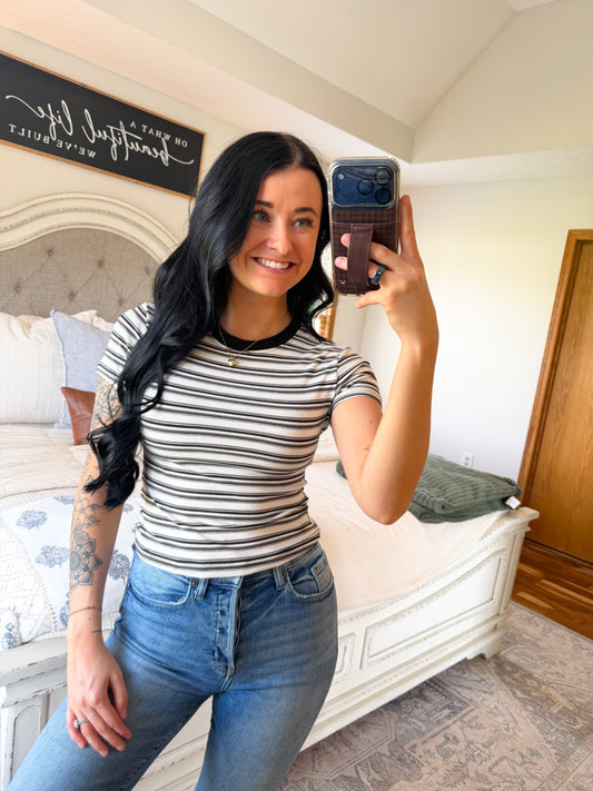 Striped Baby Tee- Taupe/Grey