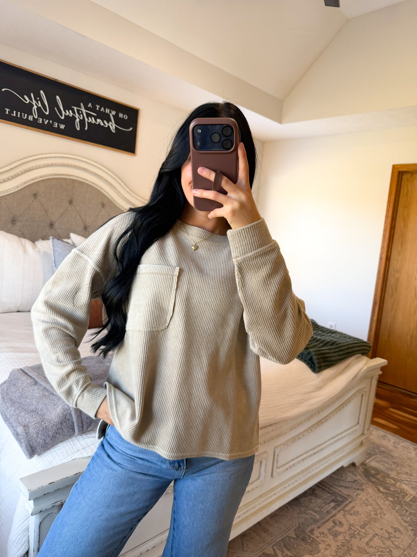 Leah Ribbed Top- Khaki