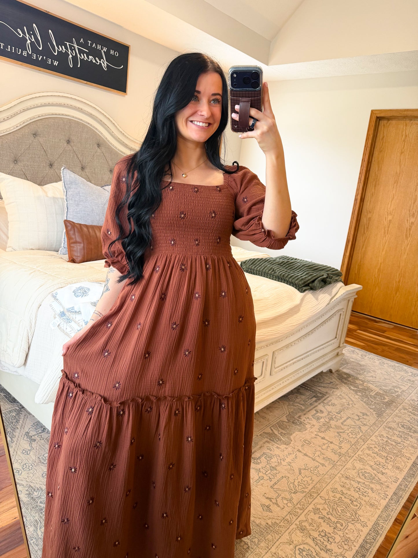 Rosey Floral Embroidered Maxi Dress- Chocolate