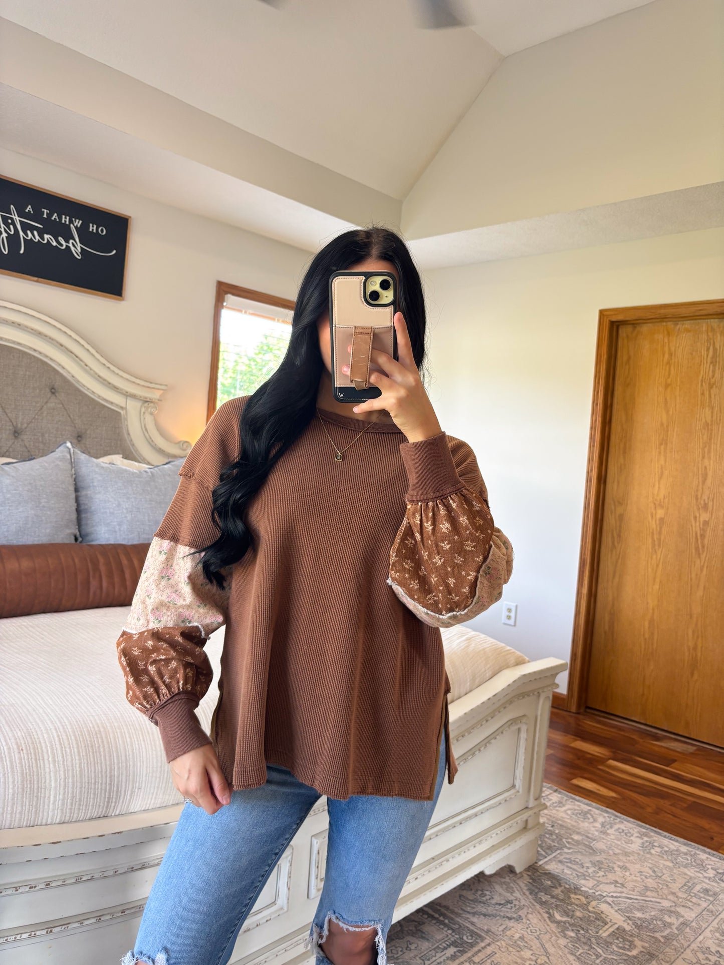 Paisley Mixed Media Top- Sepia
