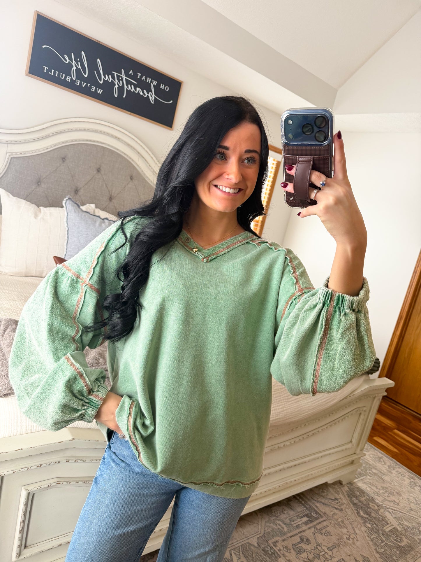 Mindy Mineral Washed Pullover- Green/Red