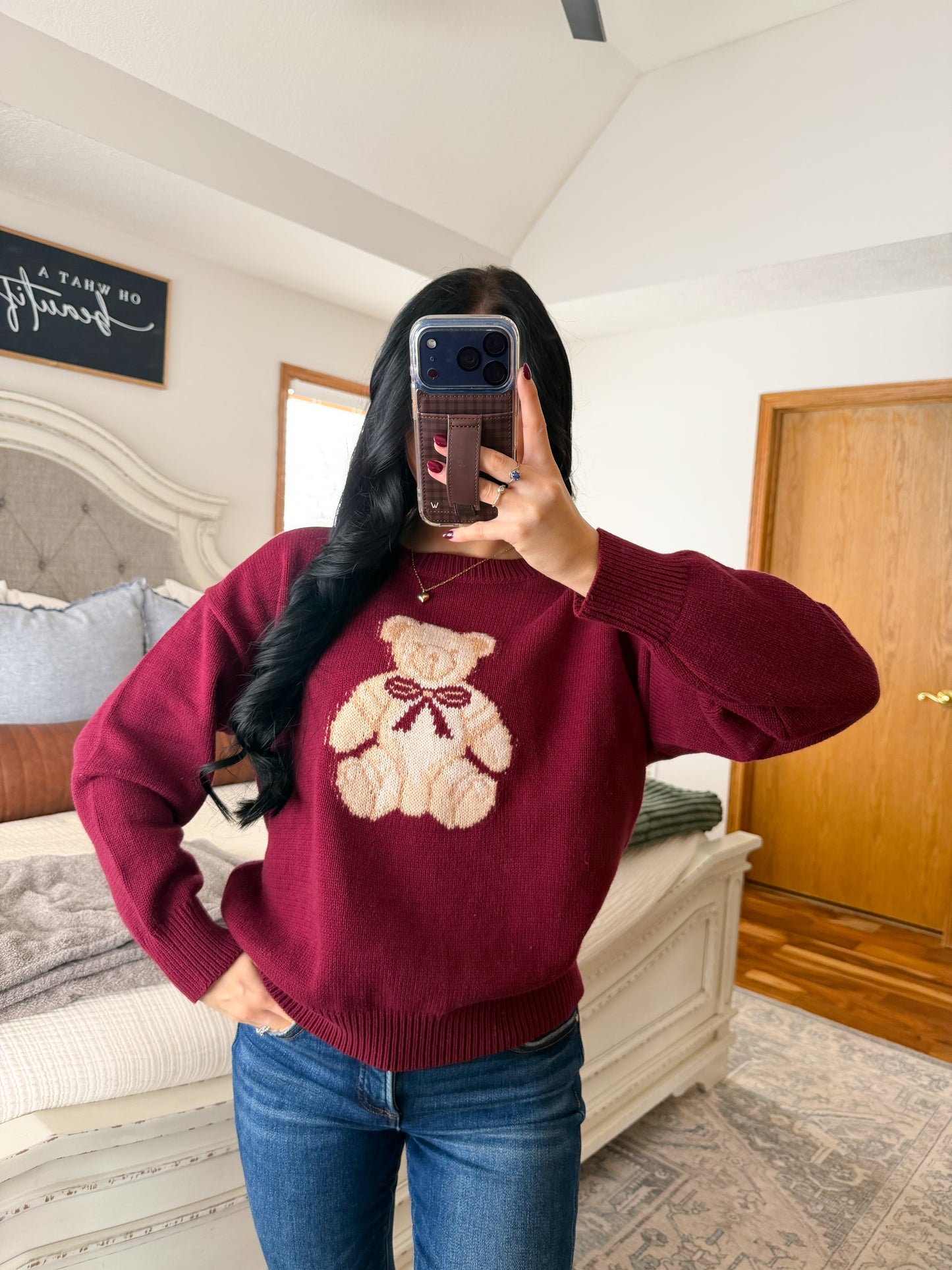 Teddy Bear Sweater- Cranberry