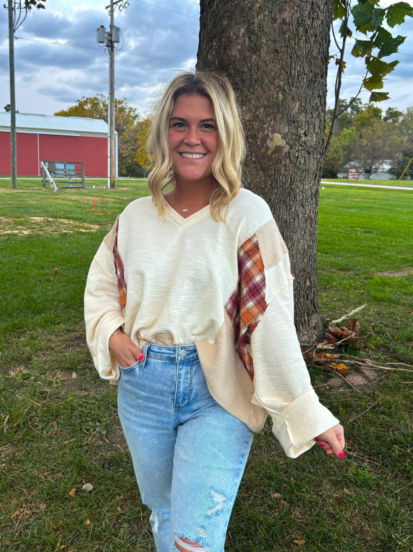 Plaid Mixed Media Hayride Sweater- Marshmellow